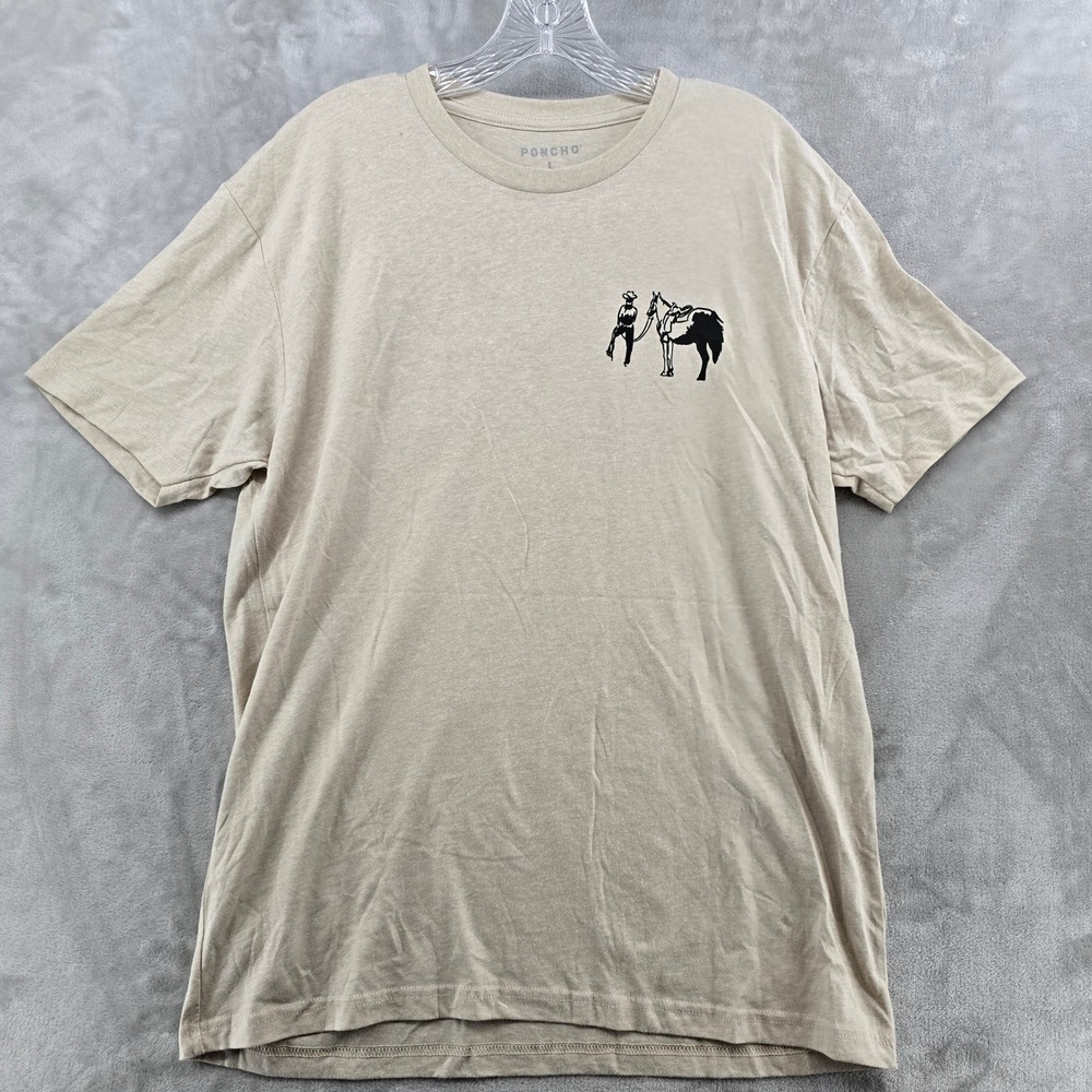 Poncho T-Shirt Mens Large Tan Cowboy Horse Graphic Short Sleeve Cotton Blend
